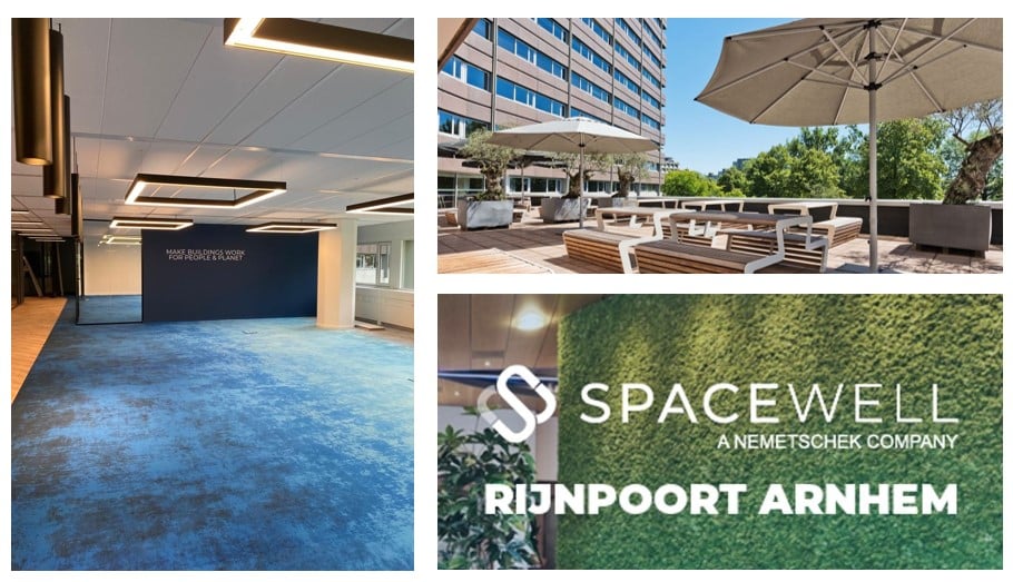 Collage van drie foto's van het nieuwe Spacewell kantoor in Arnhem