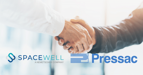 People shaking hands with Spacewell and Pressac logo